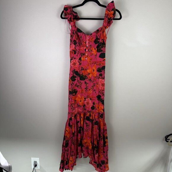 Chelsea28 Pink Floral Ruffle Strap Midi Dress Size XXS Boho Handkerchief Hem - Picture 2 of 10